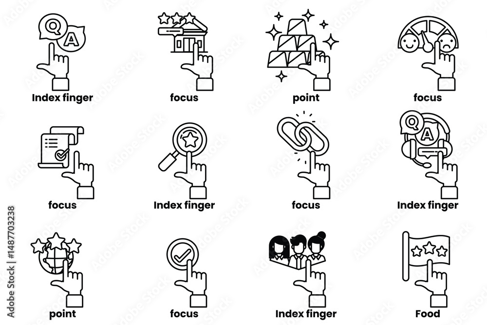 Poster set of images of hands pointing at various things in a line drawing style