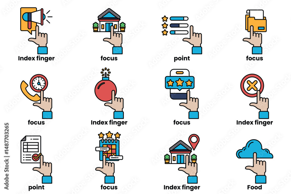 Aufkleber set of images of hands pointing at various things in a line drawing style