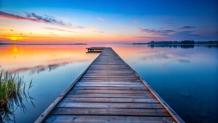 Fototapeta premium Serene Sunset View Wooden Dock Extending into Calm Water Reflecting Vibrant Sky