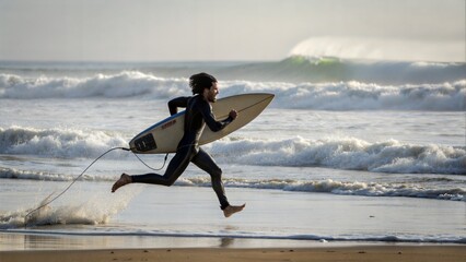 Surfer running toward the waves with a surfboard in hand