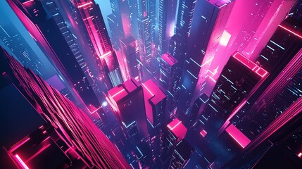 Futuristic cityscape with glowing neon lights and geometric architecture, embodying a vision of advanced urban harmony.
