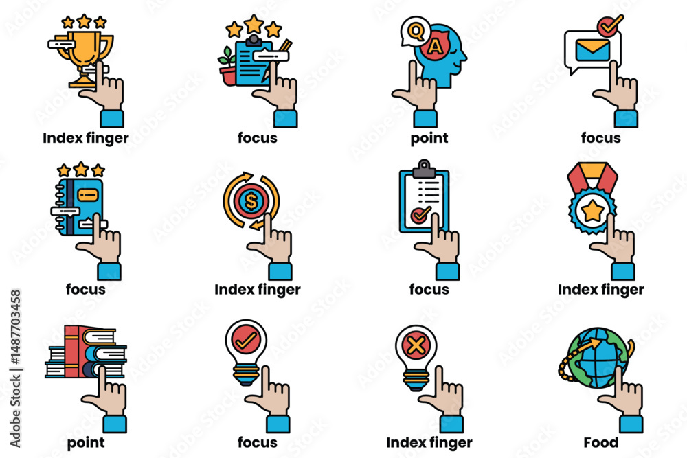 Poster set of images of hands pointing at various things in a line drawing style