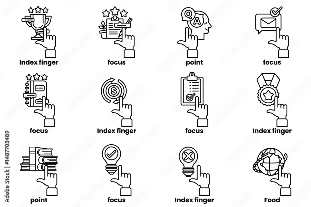 Poster set of images of hands pointing at various things in a line drawing style