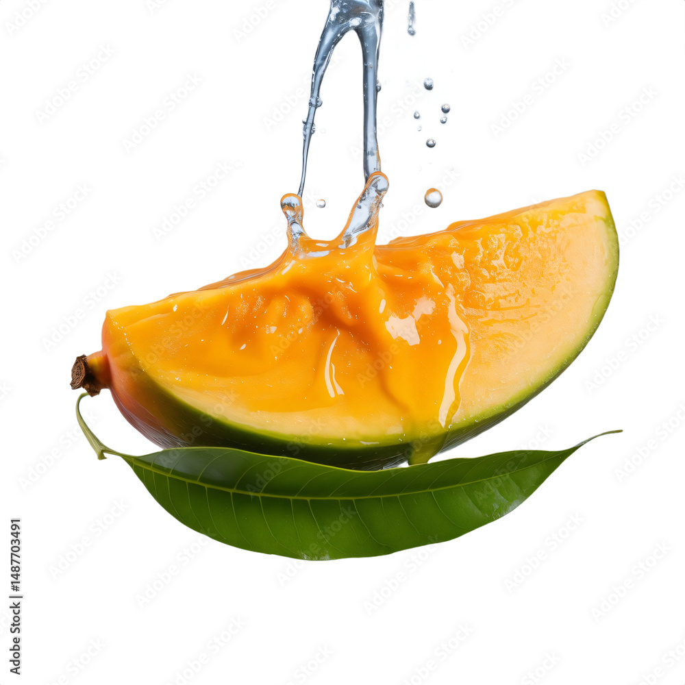 Poster mango slice with juice splash and leaf on transparent background.