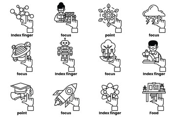 set of images of hands pointing at various things in a line drawing style