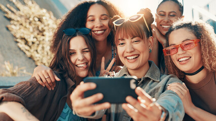 Selfie, people and women in city, fashion and profile picture with happiness, trendy and urban town. Outdoor, group and friends in street, youth culture or swag with diversity together or support