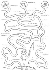 Fishing maze graphic black white sketch vertical illustration vector 