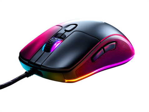 Close-up of high-performance gaming mouse with RGB lighting effects, isolated to transparent background