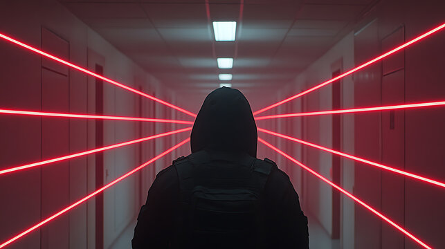 Hooded figure navigates laser security, creating an intriguing and suspenseful atmosphere. Intruder in hallway is shrouded in secrecy. Mission is vital.