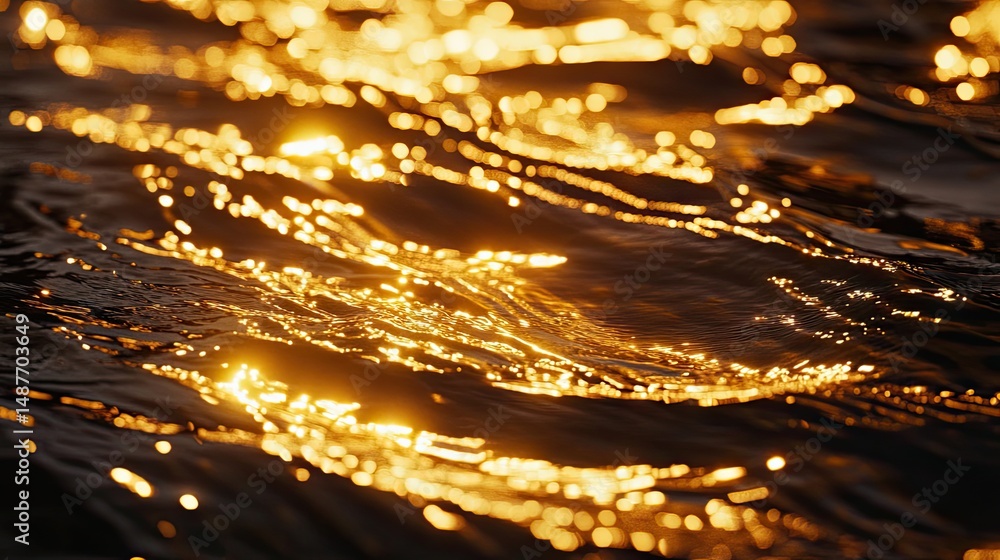 Poster a mesmerizing close-up of shimmering golden water droplets dancing on the surface. illuminated by so