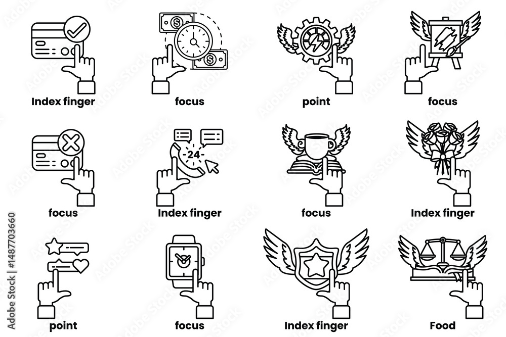 Aufkleber set of images of hands pointing at various things in a line drawing style