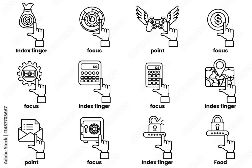 Aufkleber set of images of hands pointing at various things in a line drawing style