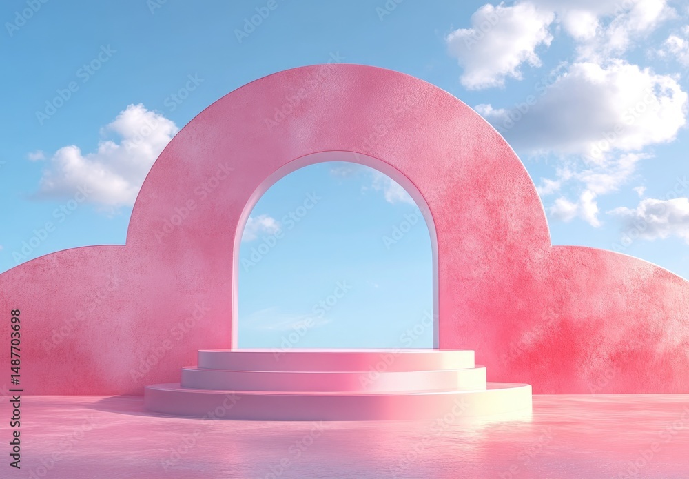 Poster a vibrant red arch stands prominently on a reflective platform under a bright blue sky filled with f