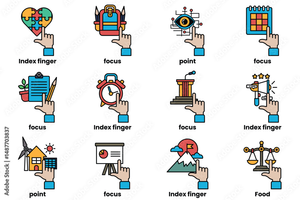 Aufkleber set of images of hands pointing at various things in a line drawing style