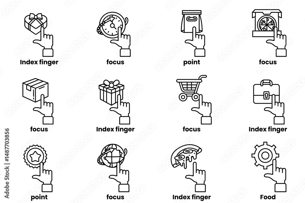 Poster set of images of hands pointing at various things in a line drawing style