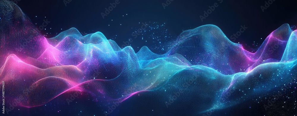 Poster a mesmerizing digital landscape showcasing vibrant waves of light and color. creating a dynamic atmo