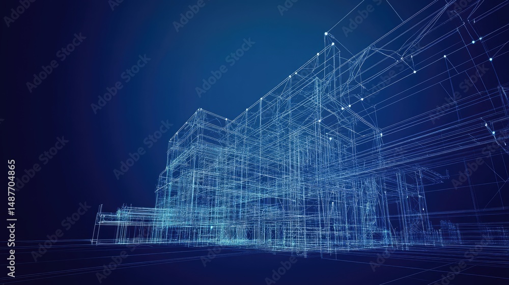 Poster a futuristic digital rendering of a power plant with interconnected lines and nodes. showcasing adva
