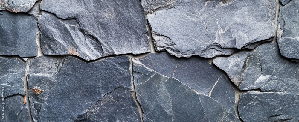 Aufkleber a close-up view of a textured stone wall composed of irregularly shaped dark slate pieces. showcasin