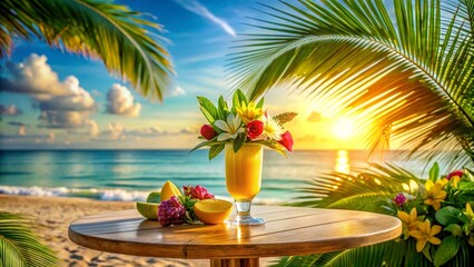 Obraz premium Tropical Sunset Beachside Refreshment A Vibrant Cocktail Adorned with Exotic Flowers and Fresh Fruit on a Wooden Table