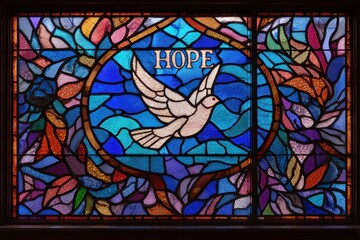 Stained glass window depicting a dove and the word hope.