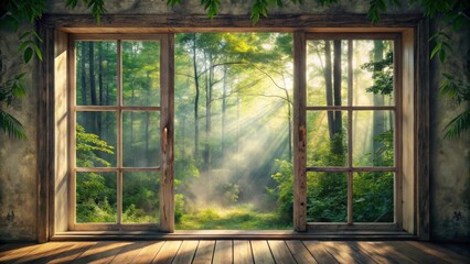 Rustic Wooden Window Frame Reveals a Mystical Sunlit Forest Scene with Misty Atmosphere and Lush Greenery