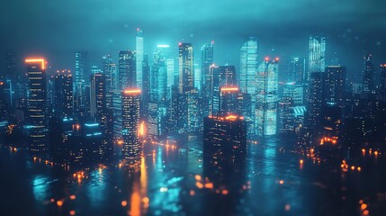 Obraz premium Futuristic cityscape with glowing neon lights and geometric architecture, embodying a vision of advanced urban harmony. 