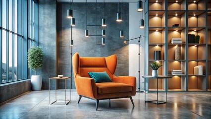 Modern living room interior design featuring an orange armchair, minimalist side tables, and a contemporary shelving unit with warm lighting.