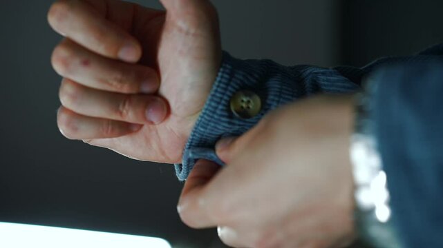 Close-up of a man's hand buttoning a button on a blue denim shirt.
Button on a shirt.
Fastening a button in front of a camera in a dark room