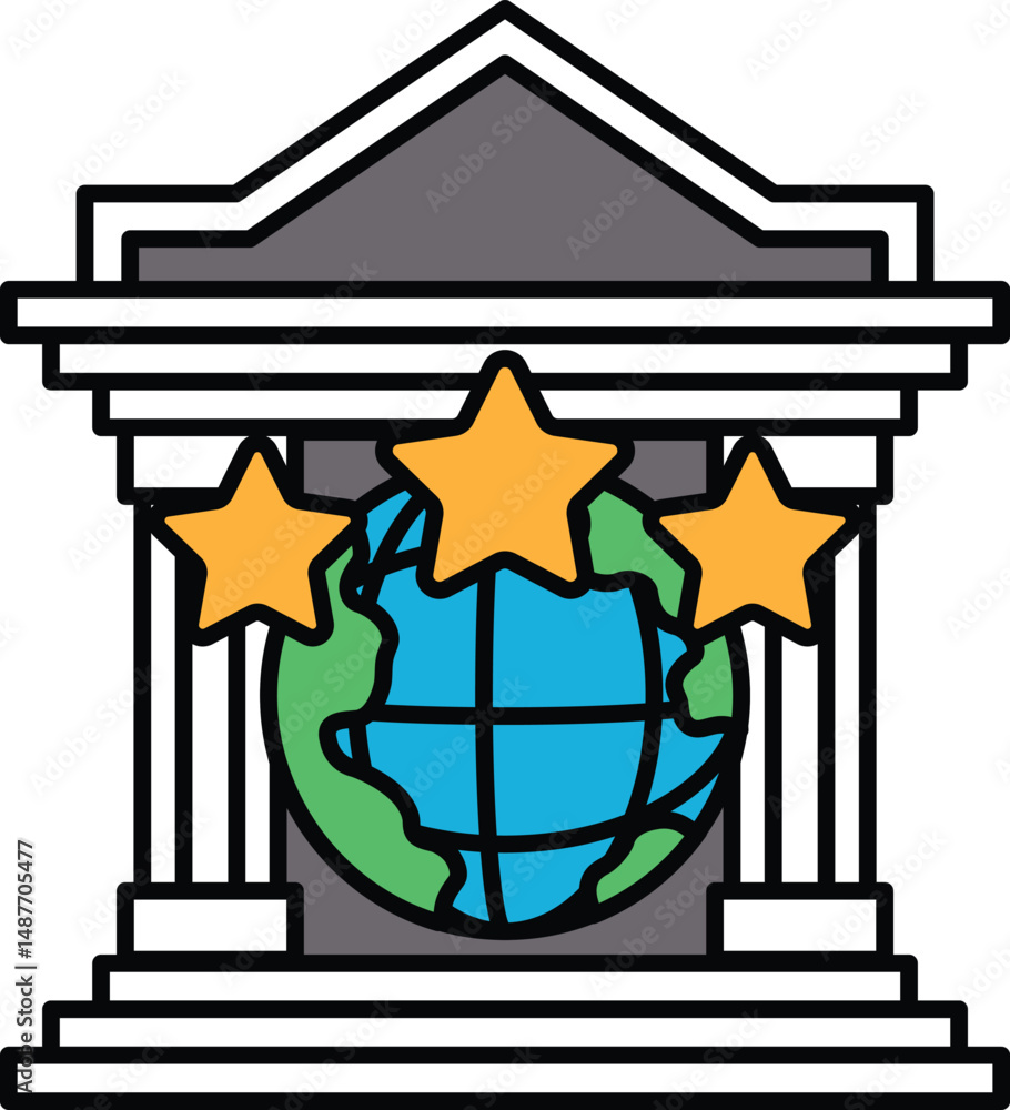 Poster a building with a globe and three stars on it