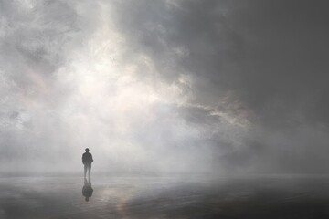 Solitary Figure in a Misty, Atmospheric Landscape