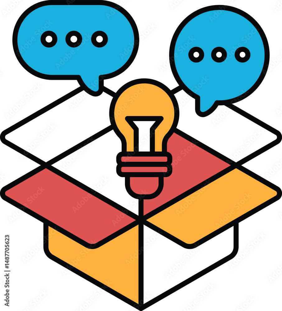 Poster a box with a light bulb inside and two speech bubbles on top of it