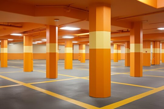 Indoor parking garage with orange ceiling and pillars, and gray floor with yellow lines. Columns marked with yellow bands.