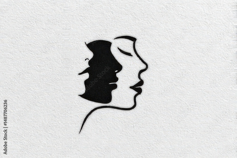Poster abstract faces in contrasting black silhouette against a textured white background embodying the ess