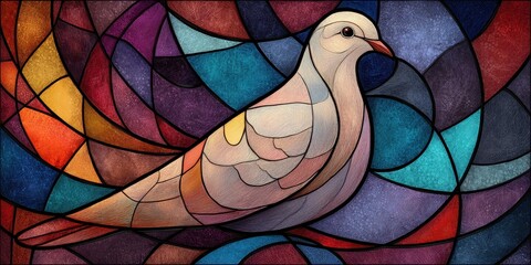 A multicolored stained glass dove in an abstract design