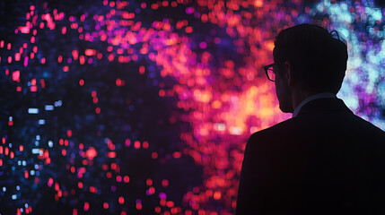 Data visualization map glowing on a virtual display in front of a focused professional 