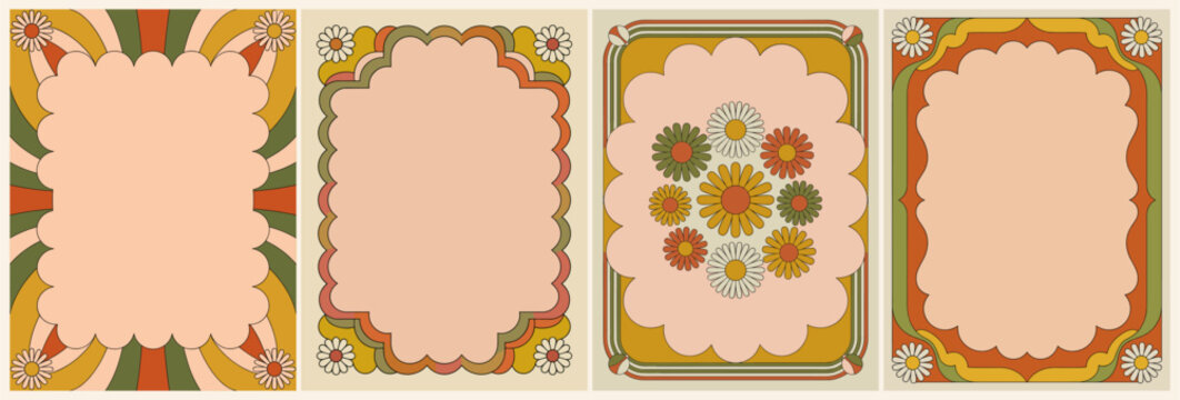 Set of retro frames with groovy flowers in mid Century modern color palette. Vector flat illustrations
