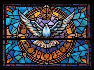 Intricate stained glass window depicting a dove and the word hope.