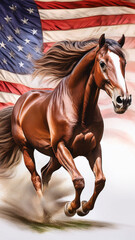 Generated Image background poster showing a galloping horse mustang with the American flag behind, grungy, patriotic