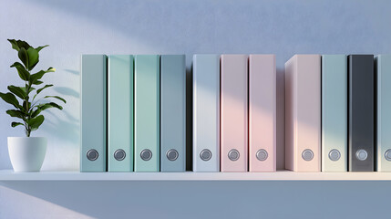 Organized pastel-color folders shelf office decor morning light calm aesthetic