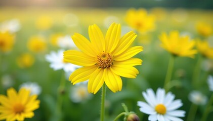 Bright yellow flower among white flowers, isolated , isolated, alone