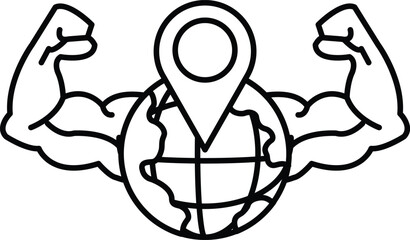 A man with his arms raised and a globe in the middle of his chest