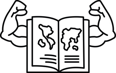 A man with his arms raised is holding an open book