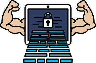 A man with his arms raised is holding a tablet with a blue lock on it