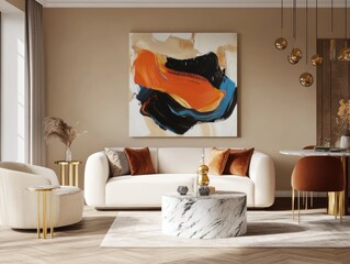 A cozy living room featuring a stylish cream-colored sofa adorned with plush pillows. a marble coffee table. and a vibrant abstract painting. all set against a warm. neutral backdrop