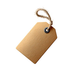 Clothing tag with string, blank kraft paper style, floating in air with slight tilt, isolated to transparent background