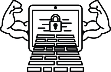 A man with his arms raised is holding a tablet with a lock on it