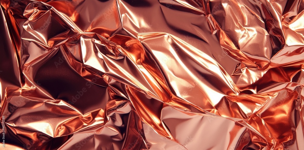 Poster shimmering orange metallic foil texture with intricate folds and reflections. suitable for backgroun