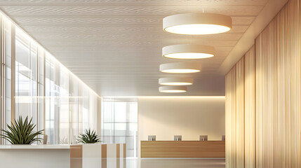 Illuminated ceiling patterns modern office space interior design clean surfaces eye-level view ceiling light ambient effects