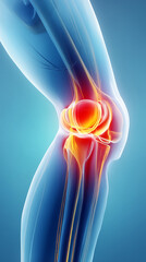 Light Blue Transparent Illustration of Knee Pain with Glowing Joint and Red Inflammation