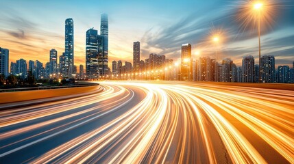 a mesmerizing display of speed light streaks on a city road at night, capturing the dynamic flash effects of racing cars with long exposure techniques.